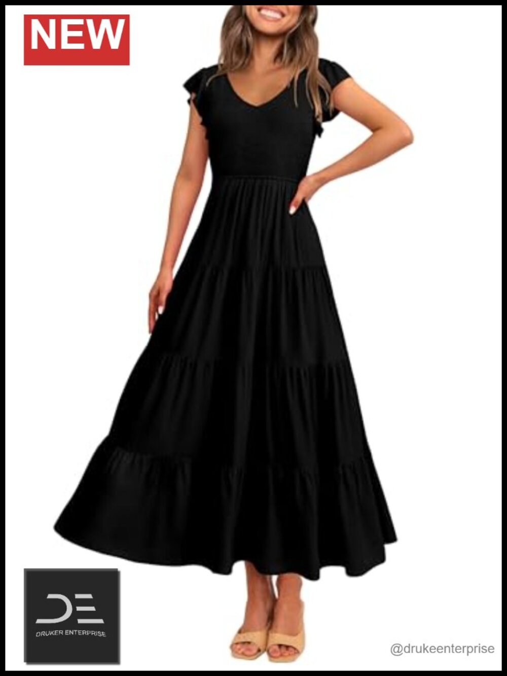 PRETTYGARDEN Women's Smocked Flowy Maxi Dress V Neck Cap Sleeve Summer